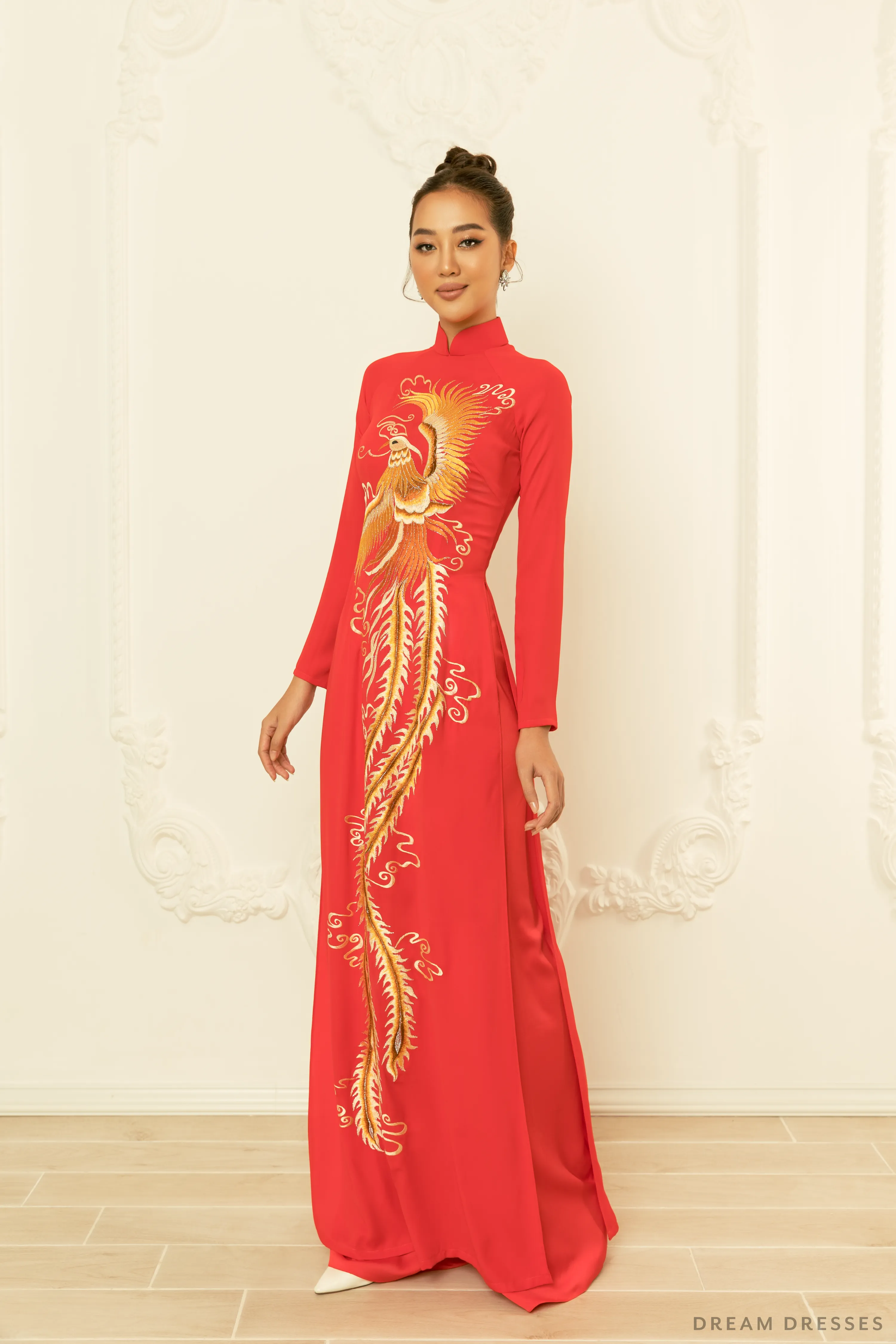 Red Bridal Ao Dai | Vietnamese Traditional Bridal Dress with Phoenix Embroidery (#YEDDA)
