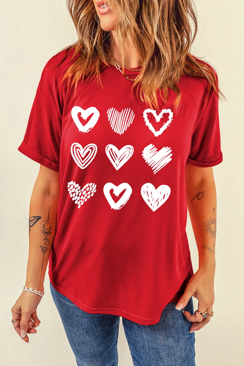 Red Diverse Heart Printed Crewneck Valentines Tee