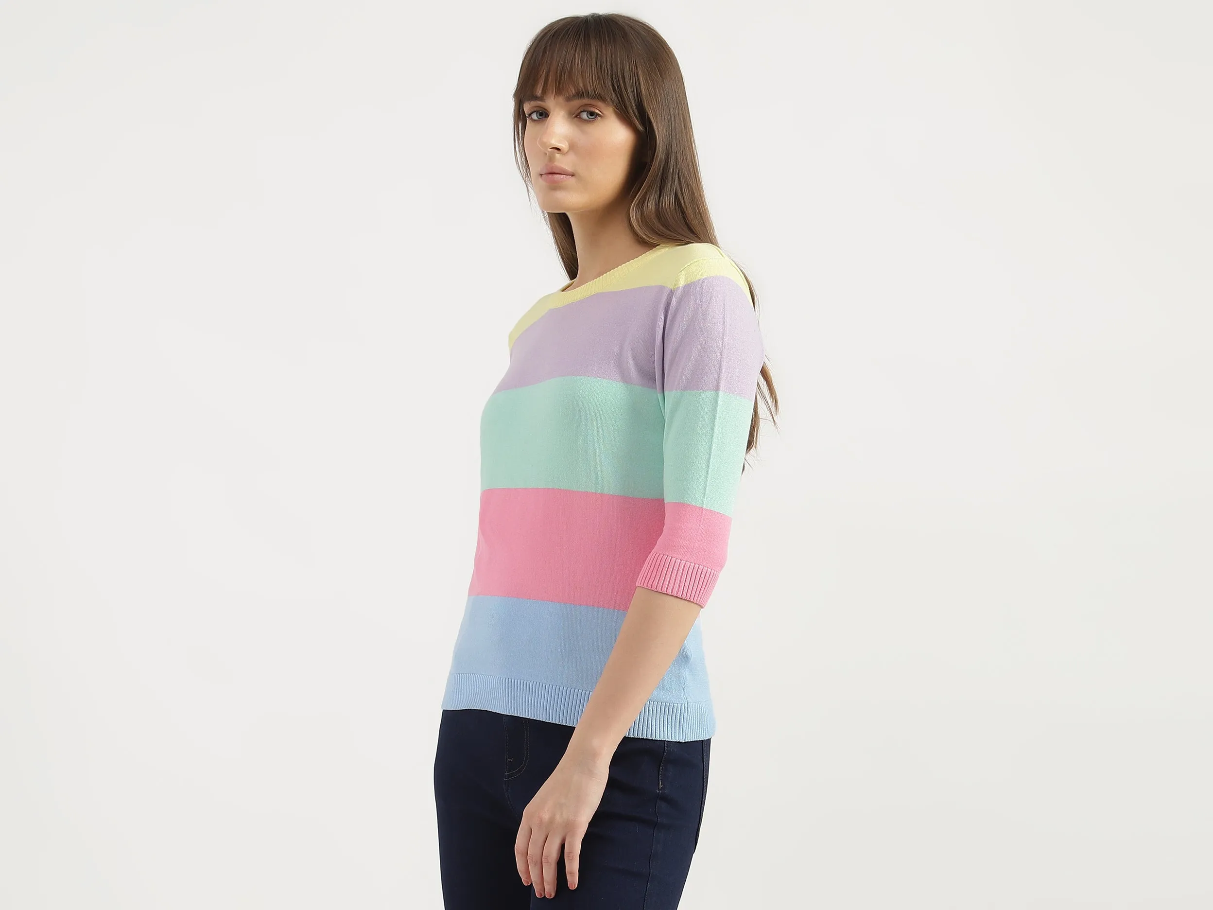 Regular Fit Round Neck Striped Tops