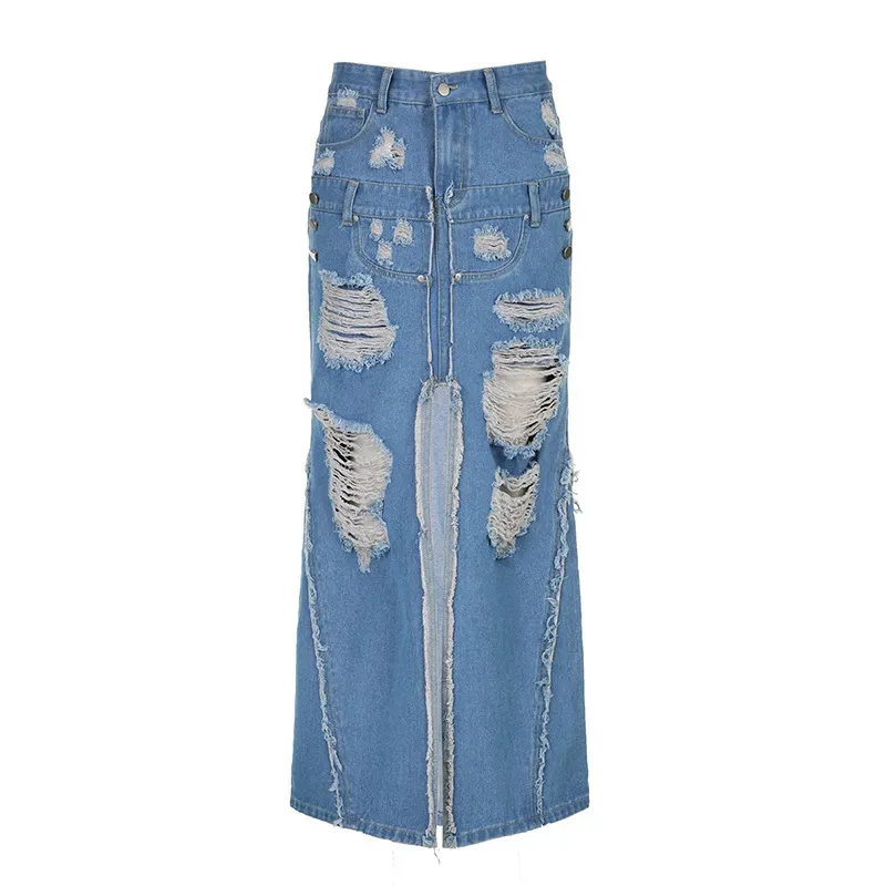 Ripped & Ready Slit Maxi Denim Skirt