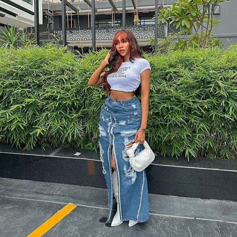 Ripped & Ready Slit Maxi Denim Skirt