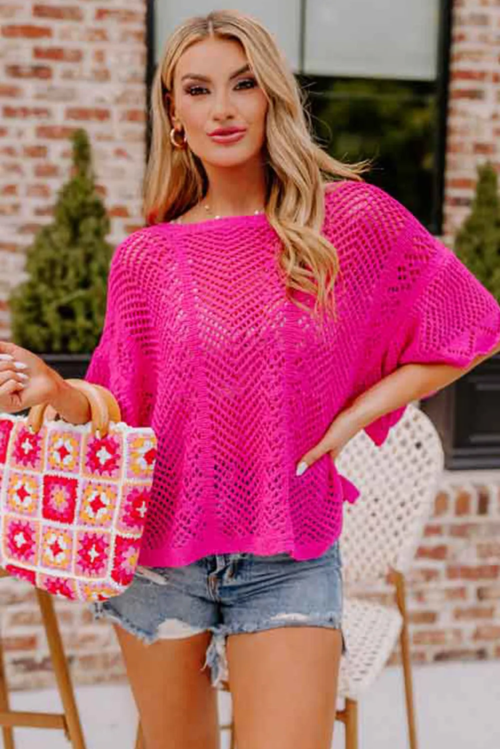 Rose Red Pointelle Knit Scallop Edge Short Sleeve Knit Top