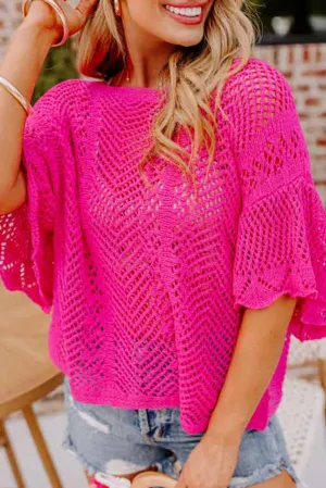 Rose Red Pointelle Knit Scallop Edge Short Sleeve Knit Top