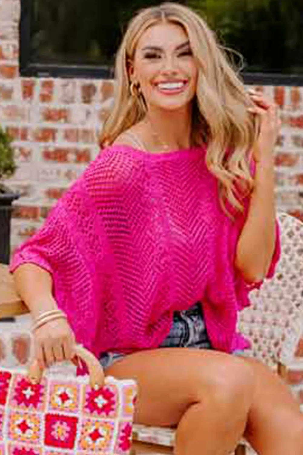 Rose Red Pointelle Knit Scallop Edge Short Sleeve Knit Top