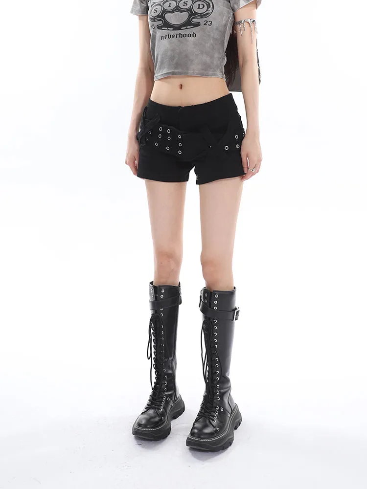 Sally Solid Color Black Denim High Waist Wide Belt Mini Shorts
