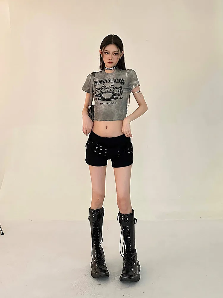 Sally Solid Color Black Denim High Waist Wide Belt Mini Shorts