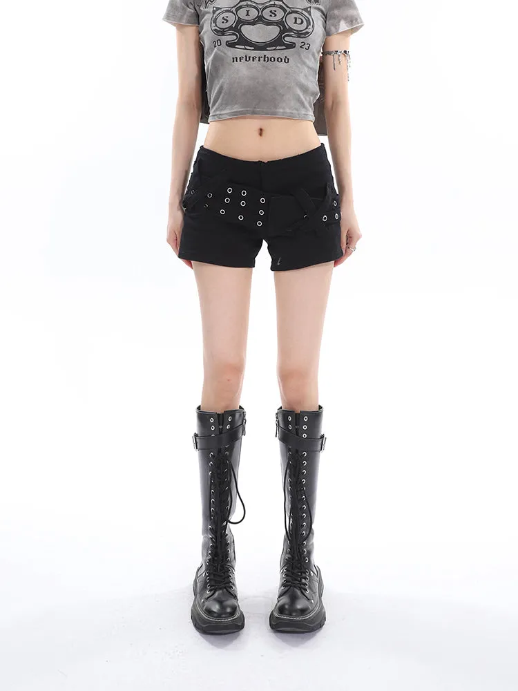 Sally Solid Color Black Denim High Waist Wide Belt Mini Shorts