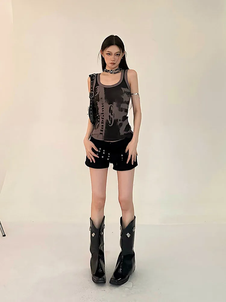 Sally Solid Color Black Denim High Waist Wide Belt Mini Shorts