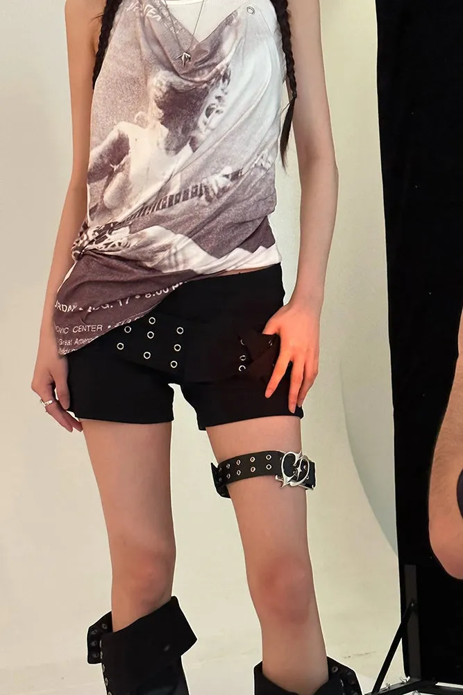 Sally Solid Color Black Denim High Waist Wide Belt Mini Shorts