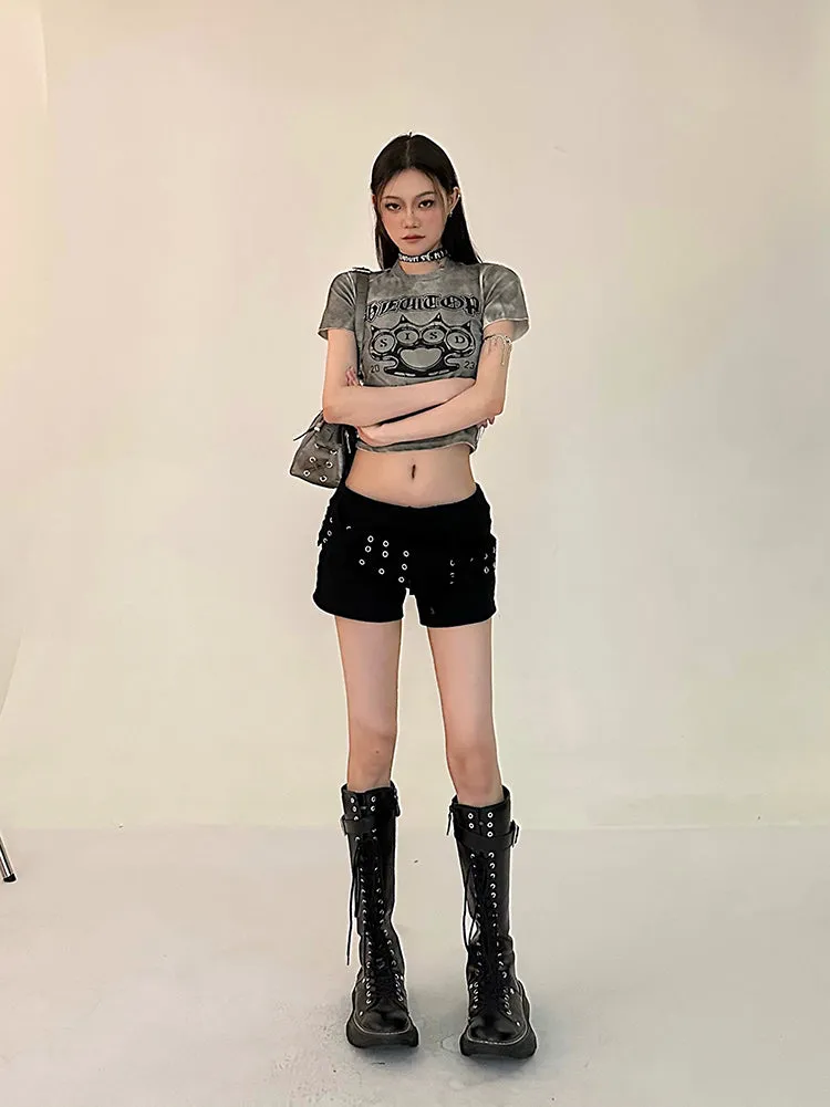 Sally Solid Color Black Denim High Waist Wide Belt Mini Shorts