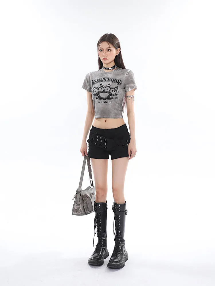 Sally Solid Color Black Denim High Waist Wide Belt Mini Shorts