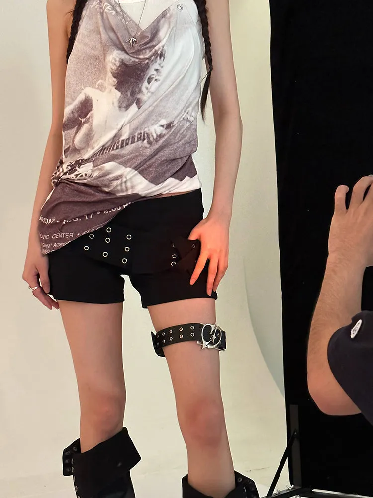 Sally Solid Color Black Denim High Waist Wide Belt Mini Shorts