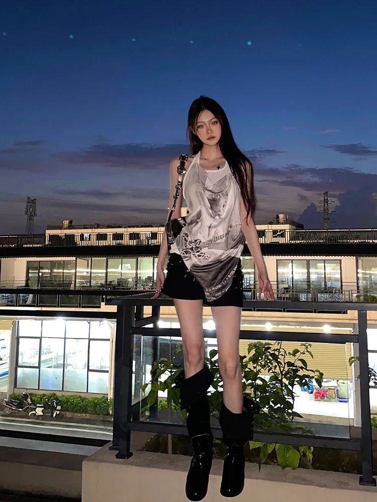 Sally Solid Color Black Denim High Waist Wide Belt Mini Shorts
