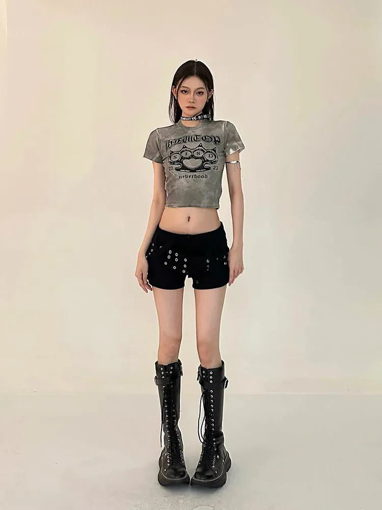 Sally Solid Color Black Denim High Waist Wide Belt Mini Shorts