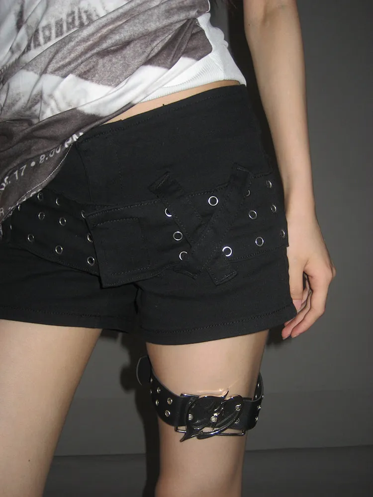 Sally Solid Color Black Denim High Waist Wide Belt Mini Shorts