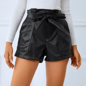 Self-Belted PU Leather Wide Leg Shorts