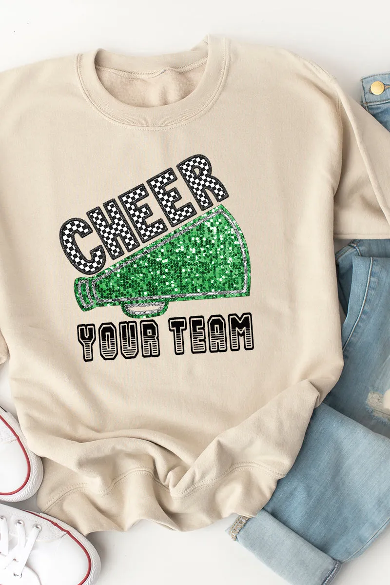 Sequin Green Cheer Your Team Heavy-weight Crew Sweatshirt