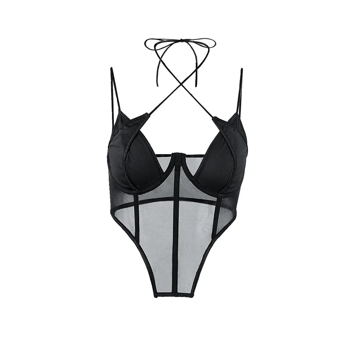 SheerTemptation Mesh Panel Spaghetti Strap Corset Top