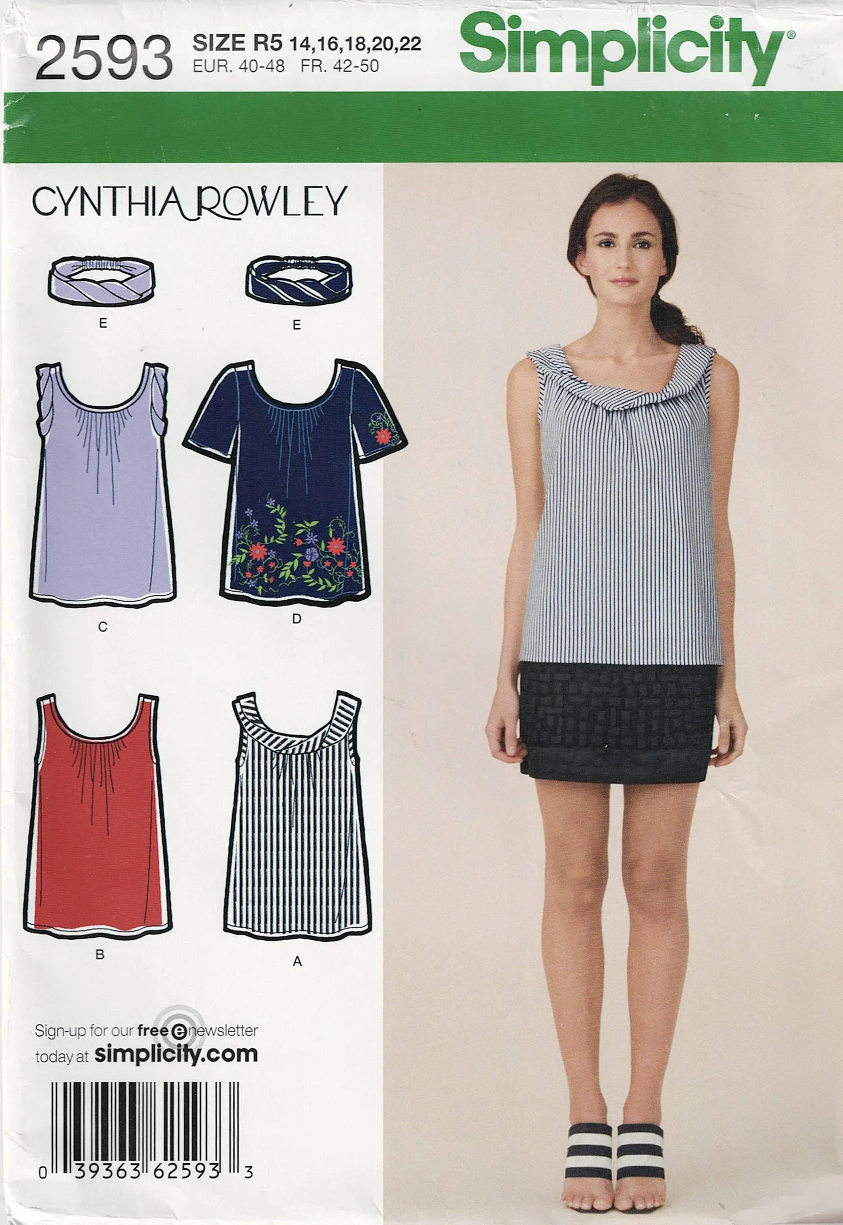 Simplicity 2593 CYNTHIA ROWLEY Womens Gathered Tops & Headband Out Of Print Sewing Pattern Size 6 - 14 or 14 - 22 UNCUT Factory Folded
