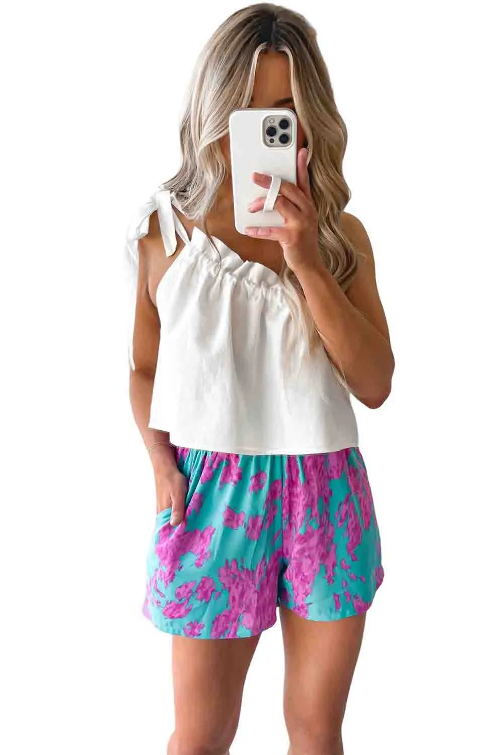 Sky Blue Abstract Print Elastic Waist Pocket Wide-Leg Shorts