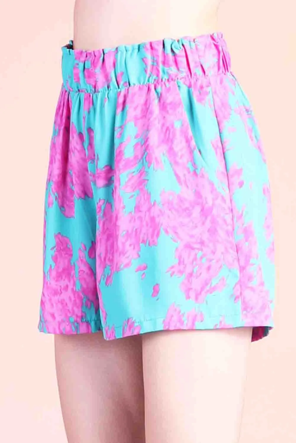 Sky Blue Abstract Print Elastic Waist Pocket Wide-Leg Shorts