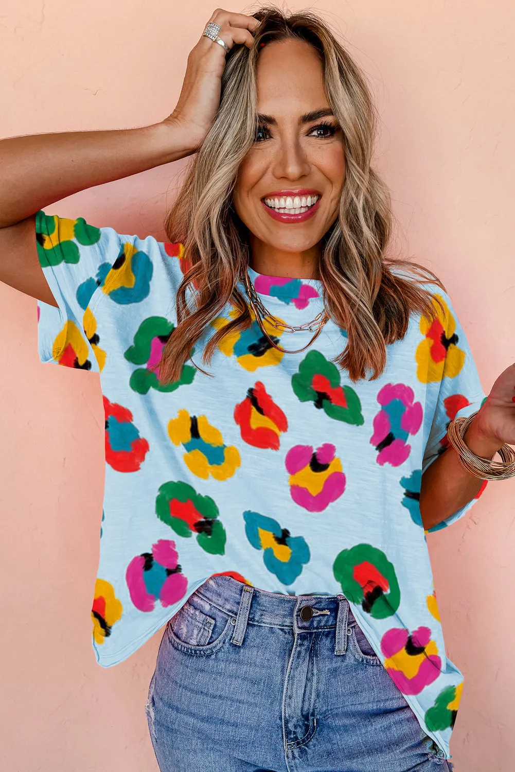 Sky Blue Leopard Drop Shoulder oversize Tee