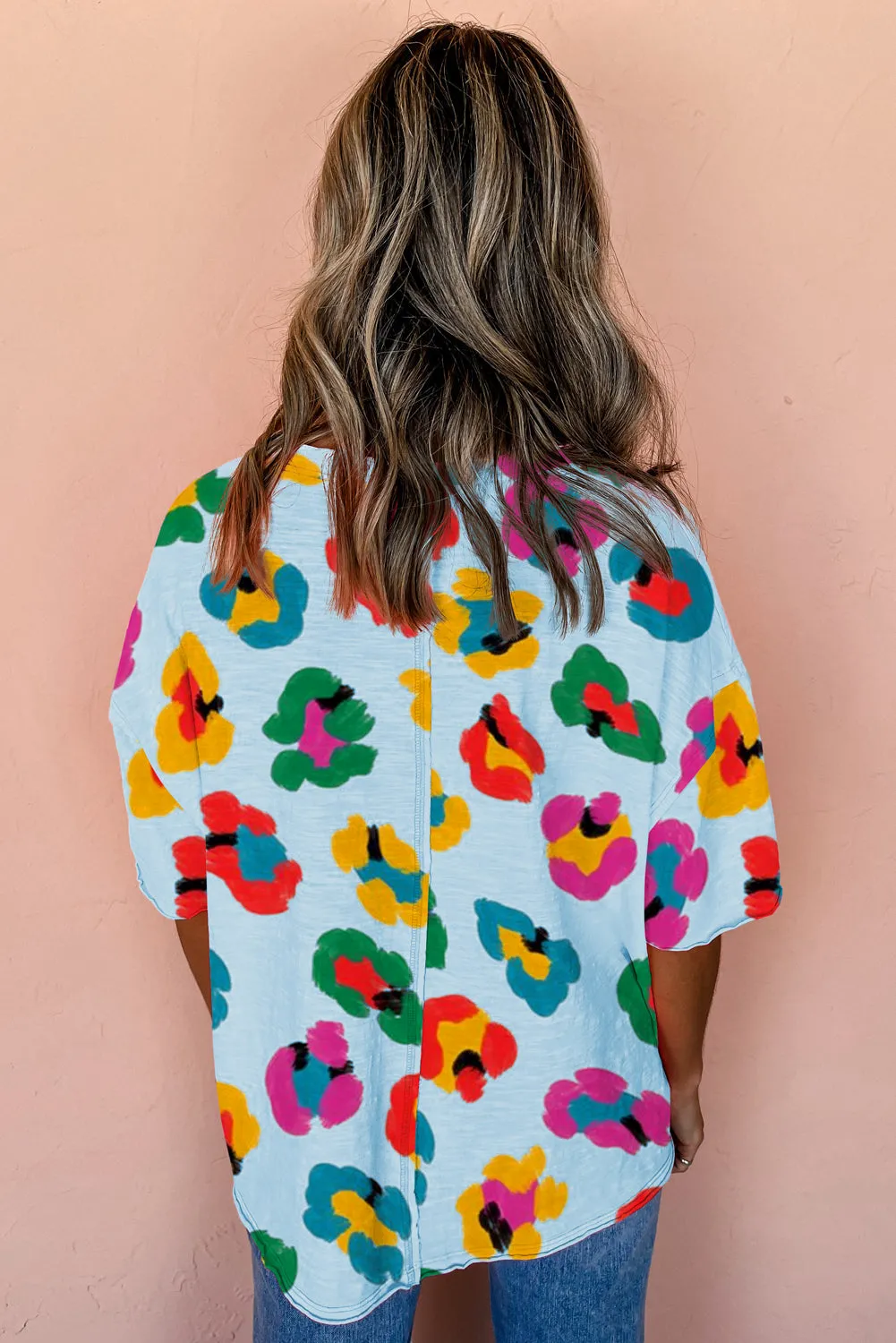 Sky Blue Leopard Drop Shoulder oversize Tee