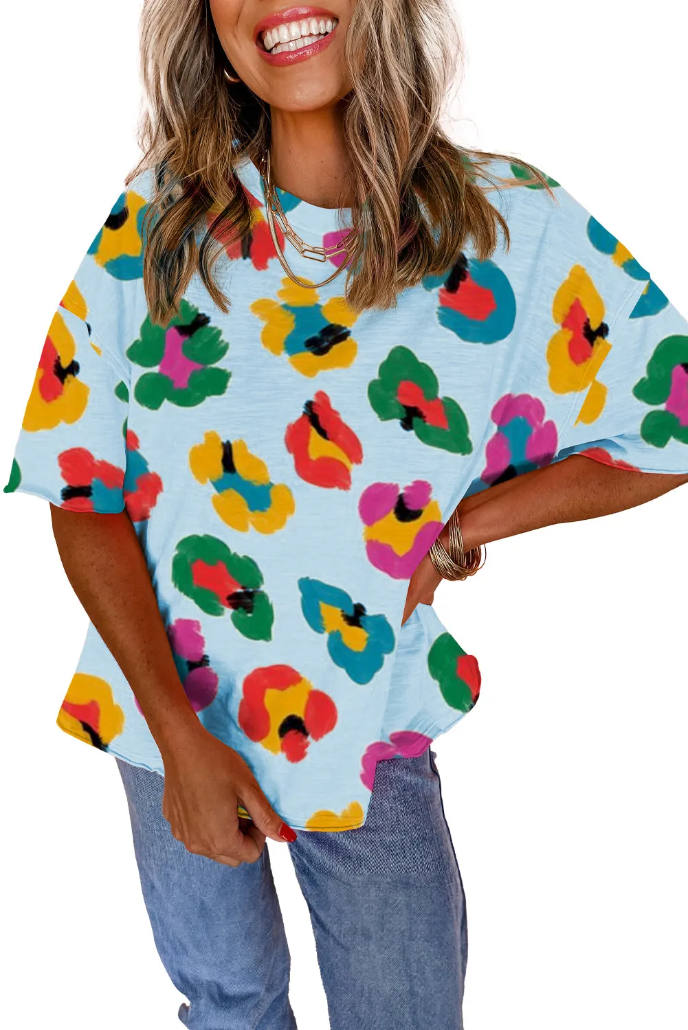 Sky Blue Leopard Drop Shoulder oversize Tee