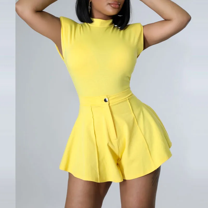 Solid Sleeveless Bodysuit & Wide Leg Shorts Set