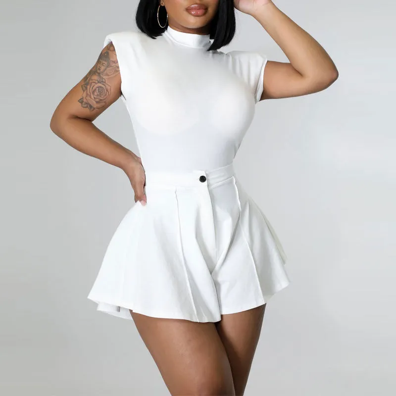 Solid Sleeveless Bodysuit & Wide Leg Shorts Set