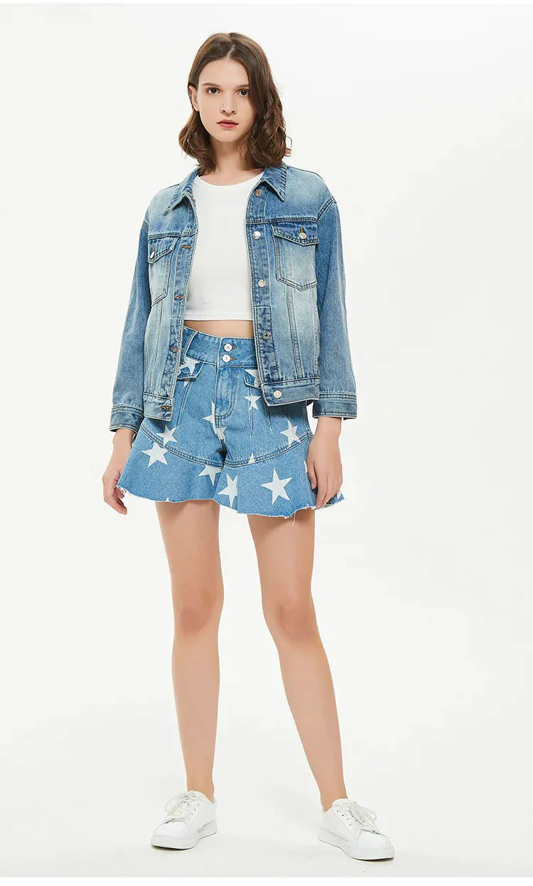 STAR PRINTED FLOUNCES WIDE-LEG PANTS SHORTS