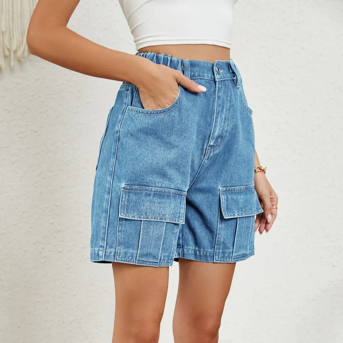 Stride High-Waist Denim Cargo Shorts