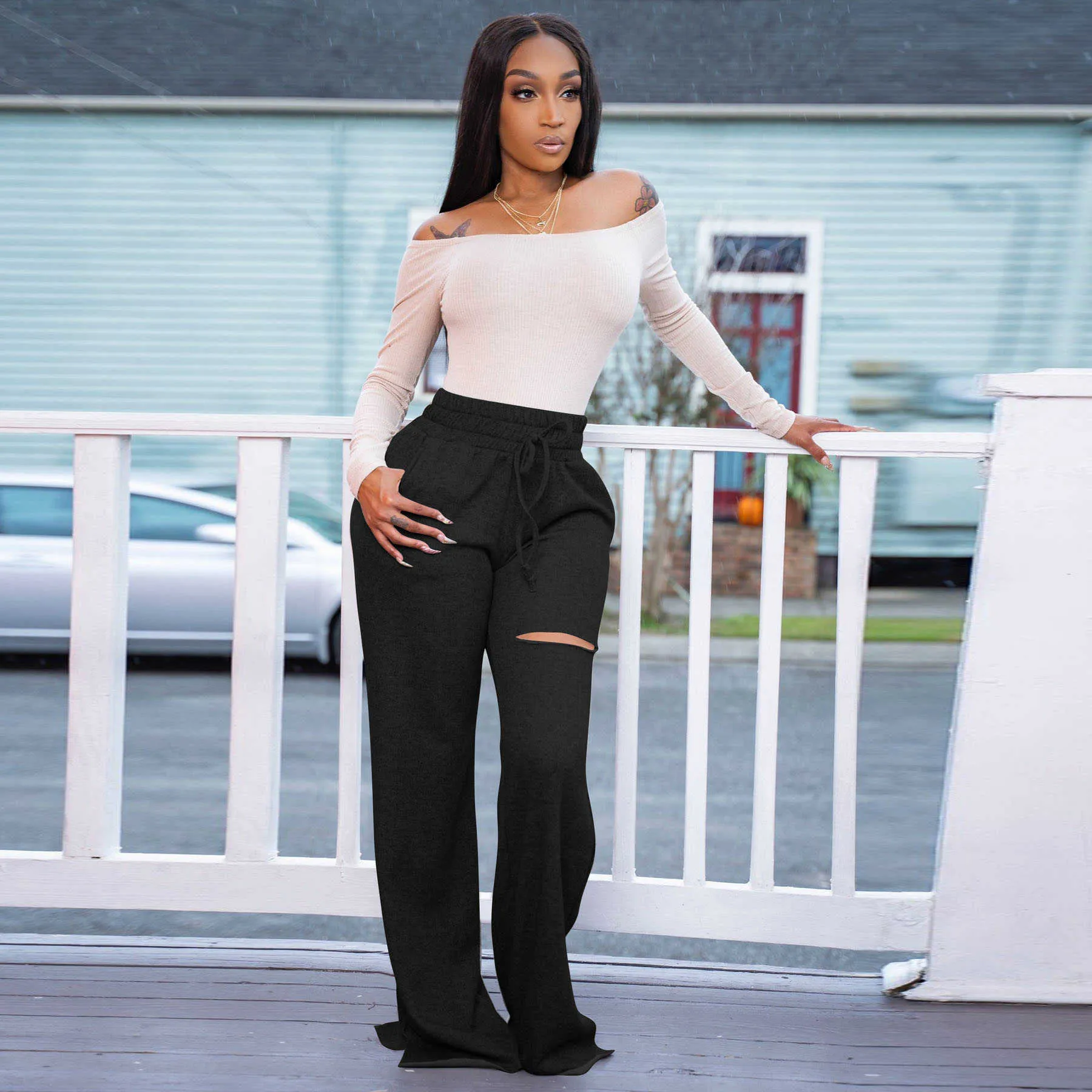 Strike High-Waisted Wide Leg Drawstring Distressed Sweatpants