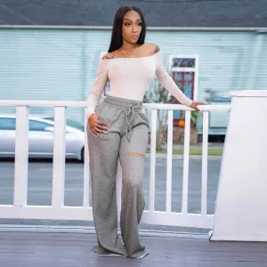 Strike High-Waisted Wide Leg Drawstring Distressed Sweatpants