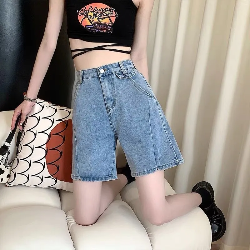 Summer Korean Style Plus Size High Waist Slit Denim Shorts For Women