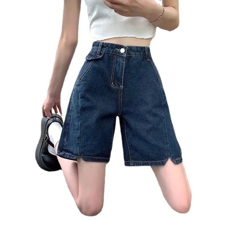 Summer Korean Style Plus Size High Waist Slit Denim Shorts For Women
