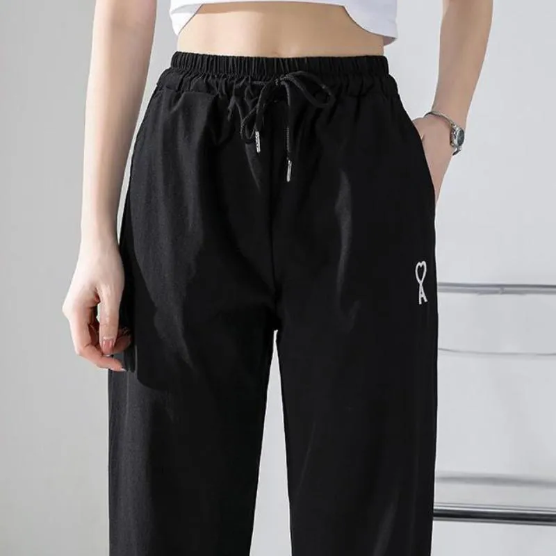 Summer Thin Sports Pants Women Korean Version of High Waist Wide Legs Loose High Thin Nine-point Casual Pants