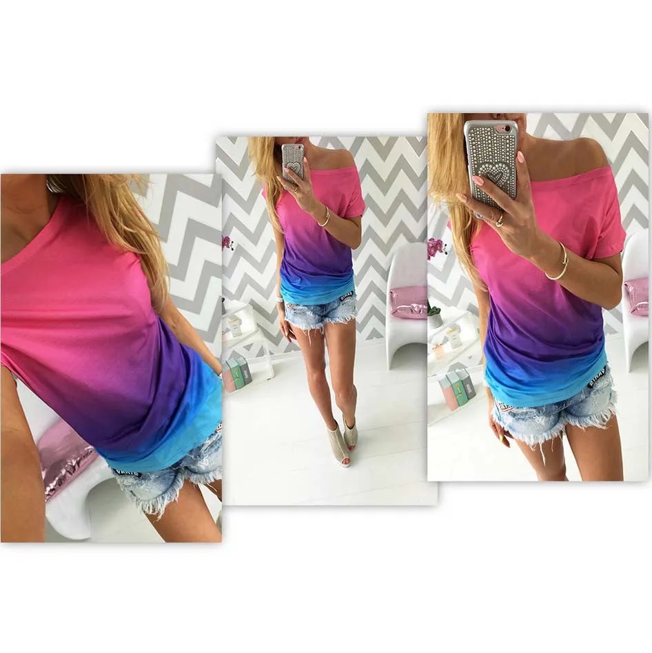 summer women t shirt vestidos rainbow gradual change print tops casual female