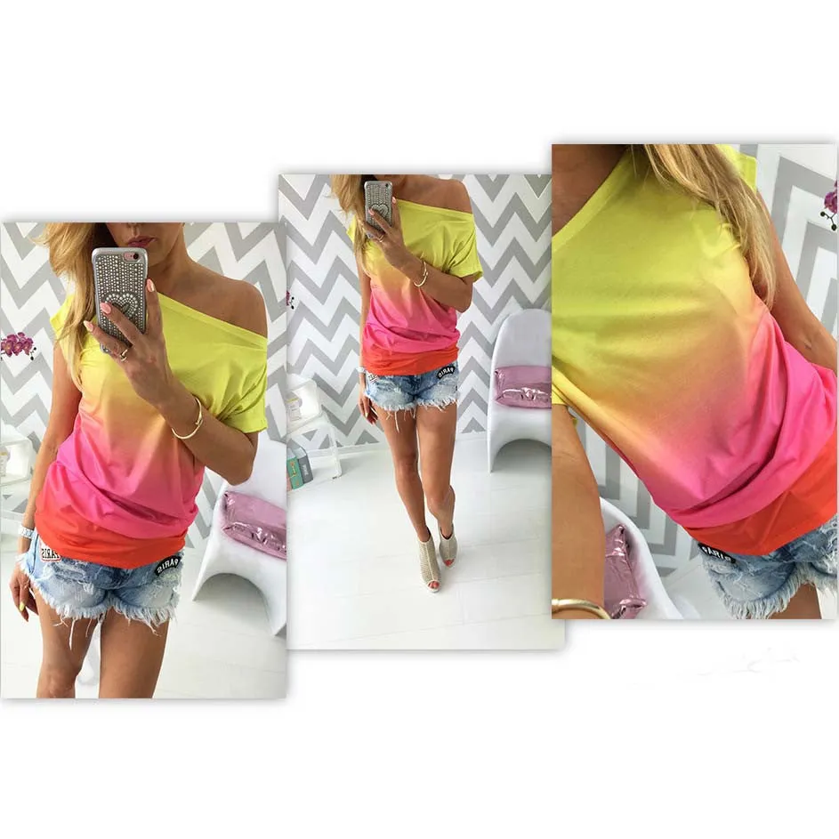 summer women t shirt vestidos rainbow gradual change print tops casual female