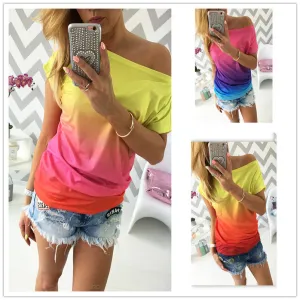 summer women t shirt vestidos rainbow gradual change print tops casual female