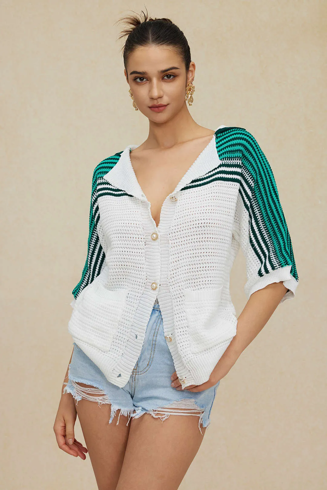 Tabitha - Contrast Crochet Woman's Short Sleeve Top