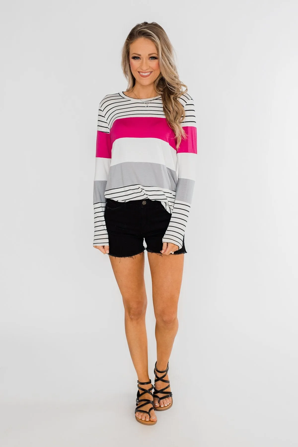 Take It Easy Striped Color Block Top- Fuchsia & Silver