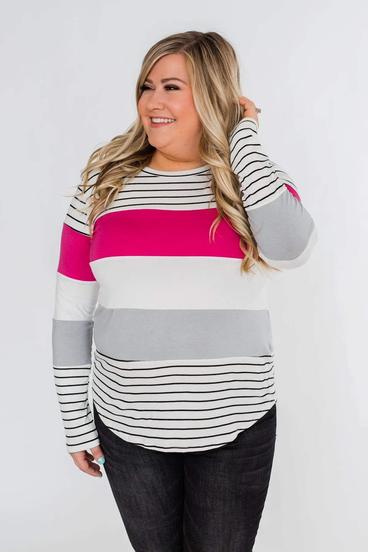 Take It Easy Striped Color Block Top- Fuchsia & Silver