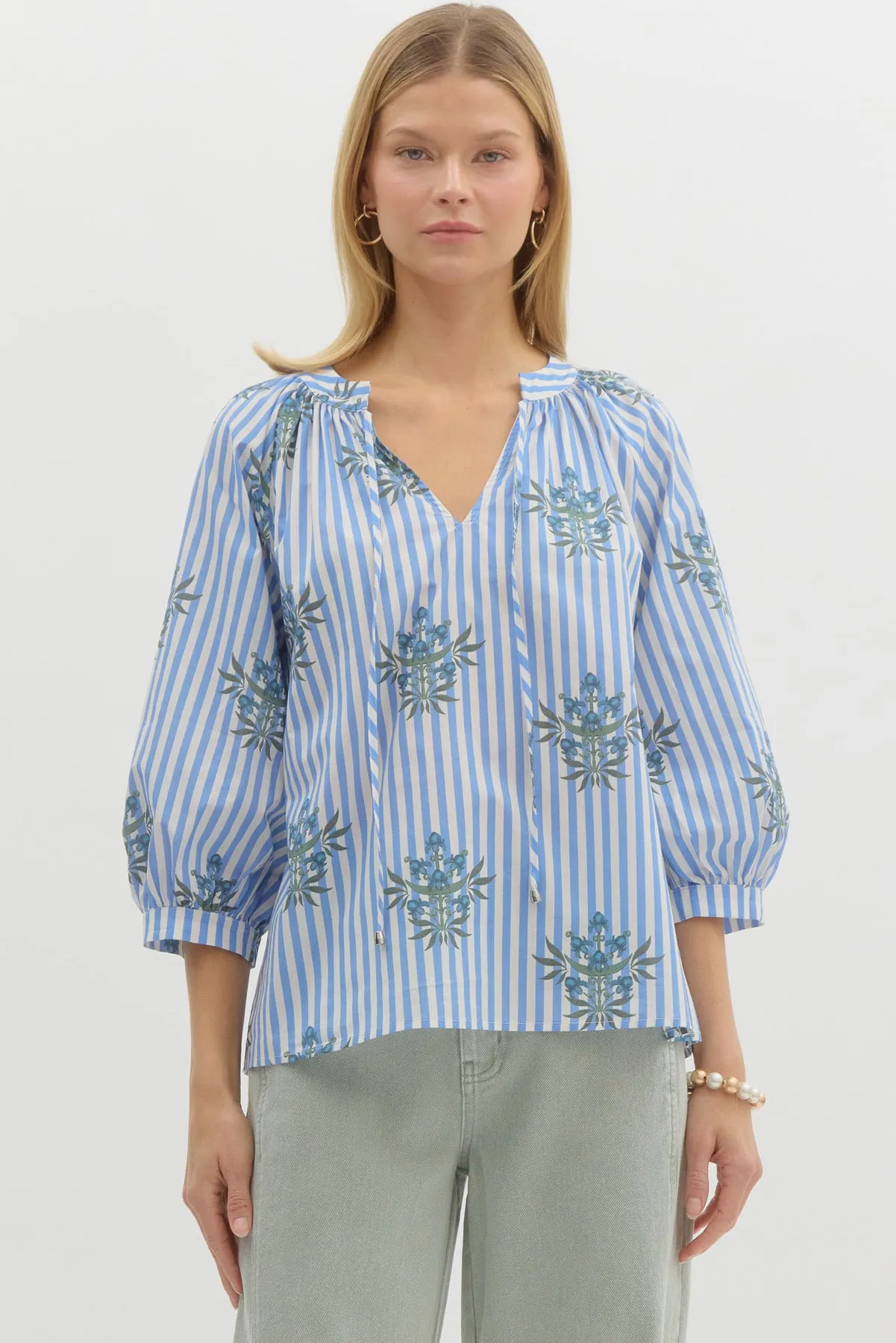 The Bloom In Striped Tie-Front Top - Blue
