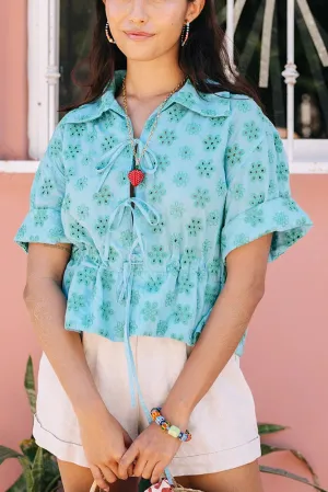 Tie Cinch Blouse, Blue Eyelet
