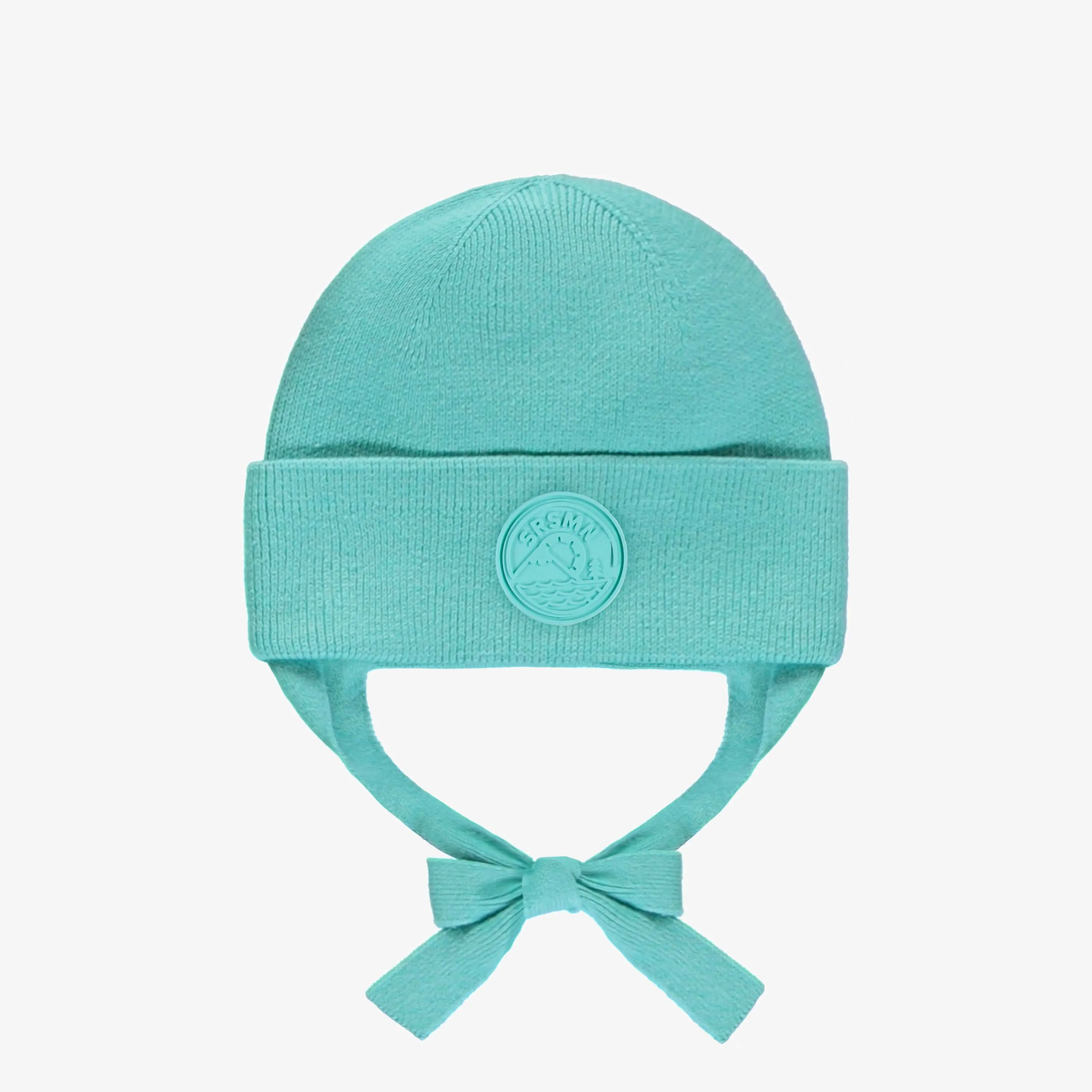 Tuque de maille turquoise avec cordons, bébé || Turquoise knitted toque with tie cords, baby