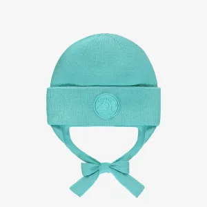 Tuque de maille turquoise avec cordons, bébé || Turquoise knitted toque with tie cords, baby