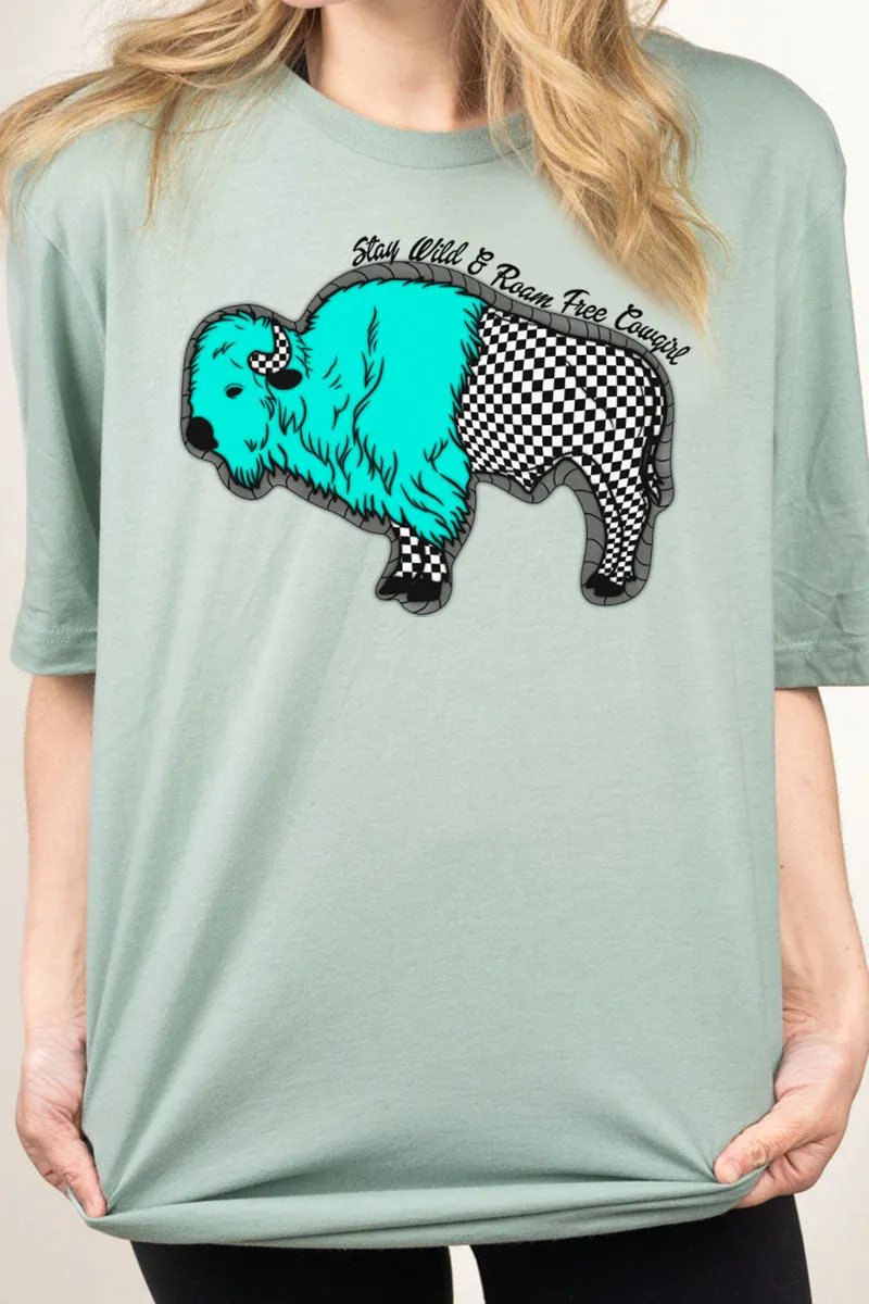 Turquoise Checkered Buffalo Combed Cotton T-Shirt