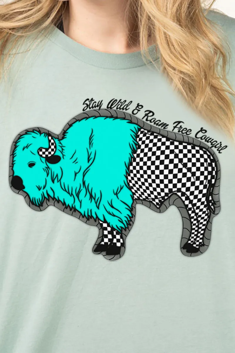 Turquoise Checkered Buffalo Combed Cotton T-Shirt