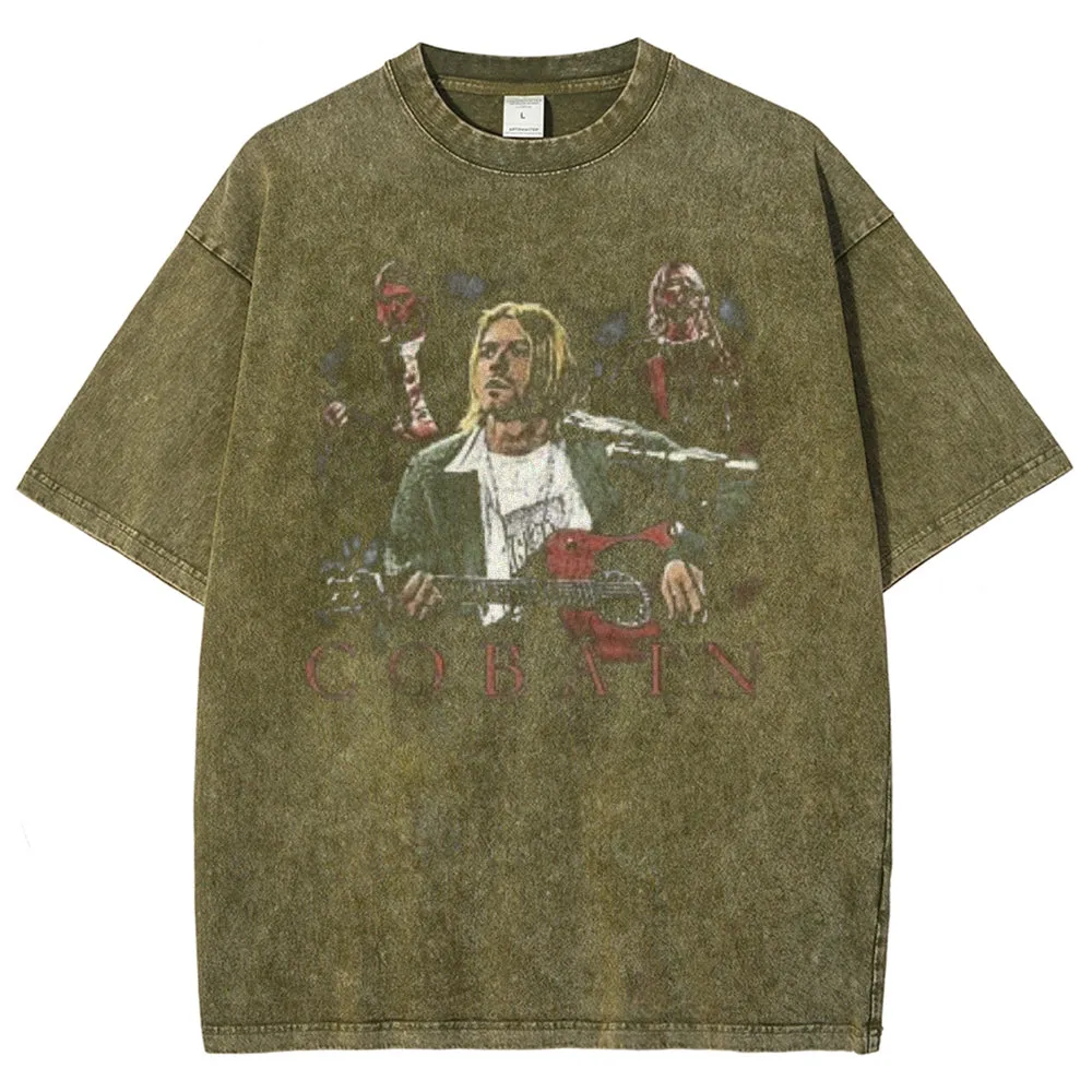 Unisex Vintage Cobain Darkness Style Graphic Short Sleeve Washed T-shirt